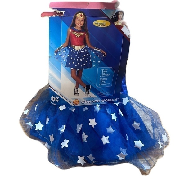 Wonder Woman Kids Costume NEW Small 6/6X Blue Girls Cape Dress Star